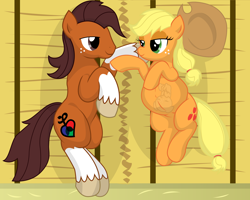 Size: 13500x10800 | Tagged: safe, artist:xniclord789x, applejack, oc, oc:niku, earth pony, pony, absurd resolution, belly, canon x oc, female, fetus, hay, male, mommajack, nikack, on back, pregnant, shipping, story in the source, straight, x-ray