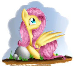 Size: 1300x1200 | Tagged: safe, artist:mufflinka, fluttershy, pegasus, pony, female, mare, prone, rock, solo