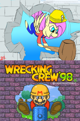 Size: 4000x6008 | Tagged: safe, artist:train wreck, fluttershy, pegasus, pony, absurd resolution, clothes, comparison, costume, helmet, mario, wrecking crew '98