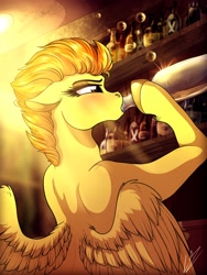 Size: 3000x4000 | Tagged: safe, artist:lupiarts, derpibooru import, spitfire, pegasus, pony, absurd resolution, alcohol, bar, blushing, drinking, drunk, female, lidded eyes, mare, signature, solo