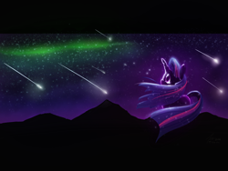 Size: 1600x1200 | Tagged: safe, artist:firgof, derpibooru import, twilight sparkle, aurora borealis, crying, dramatic, meteor shower, night, solo, stars