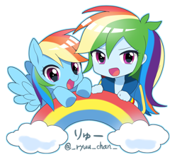 Size: 1384x1228 | Tagged: safe, artist:ryuu, derpibooru import, rainbow dash, pegasus, pony, better together, equestria girls, chibi, cute, dashabetes, female, human ponidox, mare, rainbow, self ponidox, simple background, white background