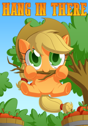 Size: 1000x1432 | Tagged: safe, artist:berrypawnch, applejack, earth pony, pony, apple, applecat, berrypawnch is trying to murder us, biting, cute, female, filly, food, hang in there, hat, jackabetes, sky, solo, tree, younger