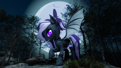 Size: 3840x2160 | Tagged: safe, artist:plumage, oc, oc:nightwalker, bat pony, pony, 3d, 4k, bat pony oc, bat wings, bow, clothes, commission, cutie mark, eyeshadow, female, forest, forest background, hair bow, looking at you, makeup, mare, moon, moonlight, night, slit eyes, socks, solo, stars, thigh highs, tree, unity, unity (game engine), wings