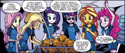 Size: 3692x1578 | Tagged: safe, artist:pencils, idw, applejack, fluttershy, pinkie pie, rarity, sci-twi, sunset shimmer, twilight sparkle, equestria girls, spoiler:comic, spoiler:comicequestriagirlsmarchradness, basketball, implied rainbow dash, sports