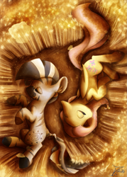 Size: 871x1215 | Tagged: safe, artist:jamescorck, artist:woonasart, edit, fluttershy, zecora, pegasus, pony, zebra, colored, female, mare, nature, sleeping