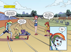 Size: 2718x2000 | Tagged: safe, artist:pencils, idw, applejack, rainbow dash, sunset shimmer, equestria girls, spoiler:comic, spoiler:comicequestriagirlsmarchradness, belly button, clothes, getting seconds, race track, shoes, shorts, sleeveless, sneakers, socks, sports bra, sports shoes, sports shorts, stretching