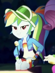 Size: 374x496 | Tagged: safe, derpibooru import, screencap, rainbow dash, rarity, better together, equestria girls, sunset's backstage pass!, beautiful, cropped, food, geode of super speed, magical geodes, marshmallow, music festival outfit, solo focus, visor