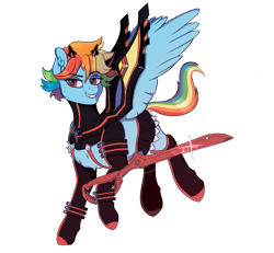 Size: 1167x1080 | Tagged: safe, artist:silverst, derpibooru import, rainbow dash, pegasus, pony, anime, clothes, cosplay, costume, female, kill la kill, magenta eyes, mare, multicolored hair, rainbow hair, rainbow tail, ryuko matoi, scissor blade, simple background, transparent background, wings