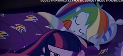 Size: 859x394 | Tagged: safe, derpibooru import, screencap, rainbow dash, sci-twi, twilight sparkle, better together, equestria girls, sunset's backstage pass!, cute, dashabetes, pillow, sleeping, sleeping bag, solo focus