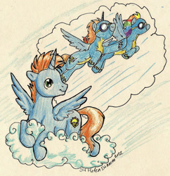 Size: 879x909 | Tagged: safe, artist:takina-rainbow, derpibooru import, rainbow dash, oc, oc:harmony star, alicorn, pegasus, pony, alicorn oc, clothes, cloud, daydream, lying on a cloud, male, on a cloud, stallion, thought bubble, traditional art, uniform, wonderbolts uniform