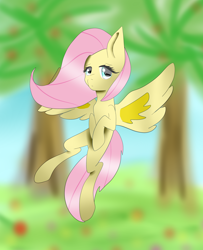 Size: 3000x3700 | Tagged: safe, artist:femmedic, fluttershy, pegasus, pony, floating, flying, looking at you, missing cutie mark, solo, spread wings