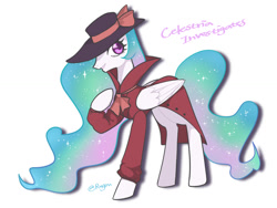 Size: 1024x768 | Tagged: safe, artist:extraluna, princess celestia, alicorn, pony, rarity investigates, clothes, coat, female, hat, mare, simple background, smiling, solo