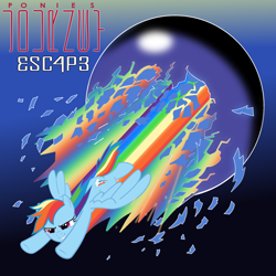 Size: 1024x1024 | Tagged: safe, artist:grapefruitface1, derpibooru import, rainbow dash, pegasus, pony, album cover, escape, explosion, flying, journey (band), ponified, ponified album cover, solo, sonic rainboom