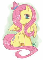 Size: 1500x2100 | Tagged: safe, artist:lunakai, fluttershy, butterfly, pegasus, pony, commission, hair over one eye, looking at you, raised hoof, sitting, solo, spread wings