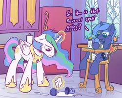 Size: 1280x1024 | Tagged: safe, artist:sylph-space, princess celestia, princess luna, alicorn, pony, age regression, bib, bottle, cup, diaper, duo, female, filly, foal, kitchen, magic, milk, momlestia, spill, telekinesis, woona, younger