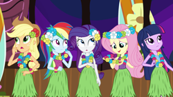 Size: 1280x720 | Tagged: safe, derpibooru import, screencap, applejack, fluttershy, rainbow dash, rarity, twilight sparkle, twilight sparkle (alicorn), alicorn, human, equestria girls, rainbow rocks, shake your tail, clothes, grass skirt, hula, lei, skirt