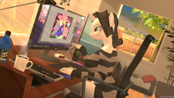 Size: 3840x2160 | Tagged: safe, artist:vision, oc, oc only, oc:movie slate, anthro, unicorn, 3d, alarm clock, bench, book, chocolate, clock, clothes, coffee, coffee mug, desk, drawing tablet, energy drink, food, grass, keyboard, lamp, microphone, monitor, monster energy, mug, office chair, phone, pillow, plant, sofa, source filmmaker, steam, stockings, thigh highs, tree, window