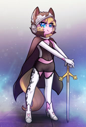 Size: 1575x2311 | Tagged: safe, artist:dawnfire, oc, oc only, oc:random cloak, anthro, unicorn, anthro oc, claymore, cloak, clothes, female, garters, gloves, looking at you, mare, midriff, shoes, short shirt, shorts, solo, stockings, sword, thigh highs, weapon