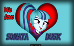 Size: 2560x1600 | Tagged: safe, artist:darkaxwolf360, derpibooru import, sonata dusk, equestria girls, heart, open mouth, smiling, text, wallpaper