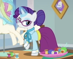 Size: 455x370 | Tagged: safe, screencap, rarity, pony, unicorn, school daze, clothes, cummerbund, eyeshadow, female, glasses, glasses rarity, glowing horn, hair bun, hat, magic, makeup, mare, necktie, open mouth, raised hoof, sash, schoolmarm rarity, shirt, skirt, smiling, solo, standing, teacher, teaching, telekinesis