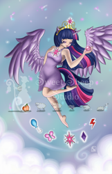 Size: 1970x3044 | Tagged: safe, artist:yunsildin, derpibooru import, twilight sparkle, twilight sparkle (alicorn), alicorn, human, cutie mark, eared humanization, elements of harmony, flying, horned humanization, humanized, solo, tailed humanization, watermark, winged humanization