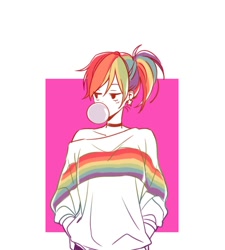 Size: 1800x2000 | Tagged: safe, artist:dcon, derpibooru import, rainbow dash, equestria girls, abstract background, bubblegum, clothes, female, food, gum, solo, sweater