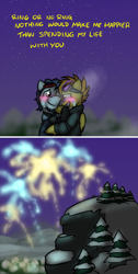 Size: 800x1583 | Tagged: safe, artist:captainhoers, derpibooru import, soarin', spitfire, pegasus, pony, beard, blushing, clothes, crying, facial hair, female, firestarter spitfire, fireworks, frost breath, goggles, hug, jacket, male, night, shipping, snow, soarinfire, straight, visible breath