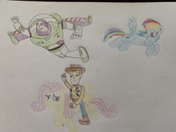 Size: 4032x3024 | Tagged: safe, artist:rohanartlife, derpibooru import, fluttershy, rainbow dash, pegasus, pony, buzz lightyear, crossover, female, flying, male, mare, toy story, traditional art, woody, woodyshy