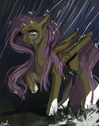 Size: 1900x2400 | Tagged: safe, artist:gekatinia, fluttershy, pegasus, pony, crying, floppy ears, folded wings, looking at you, messy mane, rain, raised hoof, sad, solo, standing