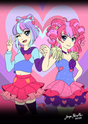 Size: 2480x3508 | Tagged: safe, artist:jorgeperalta, kiwi lollipop, supernova zap, human, better together, equestria girls, sunset's backstage pass!, anime, belly button, boots, breasts, choker, cleavage, clothes, cute, dress, female, high res, human coloration, k-lo, midriff, miniskirt, moe, one eye closed, open mouth, peace sign, postcrush, shoes, short shirt, skirt, socks, stockings, su-z, tattoo, thigh highs, wink