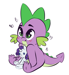 Size: 3664x3980 | Tagged: safe, artist:wickedsilly, rarity, spike, dragon, pony, unicorn, baby, baby dragon, blushing, cute, cute little fangs, daaaaaaaaaaaw, fangs, heart, implied shipping, implied sparity, implied straight, male, plushie, rarity plushie, simple background, smiling, solo, spikabetes, white background