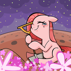 Size: 1100x1100 | Tagged: safe, artist:ikirunosindo, pinkie pie, earth pony, pony, crying, cute, cuteamena, flower, pinkamena diane pie, shovel, solo