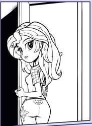 Size: 527x720 | Tagged: safe, artist:pencils, idw, sunset shimmer, equestria girls, equestria girls series, spoiler:comic, spoiler:comicequestriagirlsmarchradness, ass, bunset shimmer, butt, clothes, female, lineart, looking back, solo
