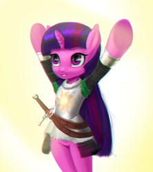 Size: 888x1000 | Tagged: safe, artist:dclzexon, derpibooru import, twilight sparkle, pony, semi-anthro, adorkable, armor, bipedal, bottomless, chainmail, chromatic aberration, clothes, cute, dark souls, dork, female, praise the sun, solaire of astora, solo, sword