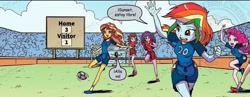 Size: 1134x441 | Tagged: safe, artist:pencils, edit, idw, pinkie pie, rainbow dash, sunset shimmer, equestria girls, spoiler:comic, spoiler:comicequestriagirlsmarchradness, clothes, football, shoes, soccer shoes, spanish, sports