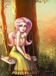 Size: 1323x1800 | Tagged: safe, artist:natanatfan, fluttershy, human, breasts, clothes, dress, flower, flower in hair, hootershy, humanized, solo, swing, tree