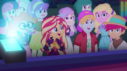 Size: 1920x1080 | Tagged: safe, screencap, aqua blossom, bon bon, hunter hedge, lyra heartstrings, sandy cerise, scribble dee, snow flower, sunset shimmer, sweetie drops, wallflower blush, better together, equestria girls, sunset's backstage pass!, backwards ballcap, baseball cap, cap, clothes, excited, female, fry lilac, geode of empathy, glasses, happy, hat, magical geodes, male, music festival outfit, overall shorts, overalls, panama hat, stage, stage light