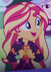 Size: 449x639 | Tagged: safe, screencap, aqua blossom, snow flower, sunset shimmer, better together, equestria girls, sunset's backstage pass!, clothes, cropped, cute, female, geode of empathy, jacket, magical geodes, music festival outfit, shimmerbetes