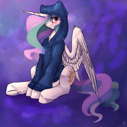 Size: 1585x1579 | Tagged: safe, artist:11-shadow, princess celestia, alicorn, pony, blushing, clothes, cute, cutelestia, female, hoodie, looking at you, mare, sitting, smiling, solo, underhoof, wings