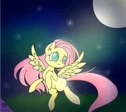 Size: 1024x914 | Tagged: safe, artist:rainbows-in-reality, fluttershy, pegasus, pony, flying, full moon, looking away, night, solo, spread wings, stars