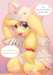 Size: 480x679 | Tagged: safe, artist:aruurara, applejack, earth pony, pony, applecat, cat hoodie, clothes, cute, daaaaaaaaaaaw, dialogue, embarrassed, jackabetes, looking at you, offscreen character, solo, speech bubble, translation, wingding eyes