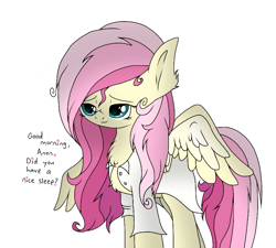 Size: 791x713 | Tagged: safe, artist:php76, fluttershy, pegasus, pony, bed mane, chest fluff, clothes, dialogue, ear fluff, faic, lidded eyes, messy mane, morning ponies, shirt, simple background, solo, tired, white background, woll smoth