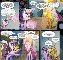 Size: 1339x1272 | Tagged: safe, artist:tonyfleecs, idw, applejack, fluttershy, pinkie pie, twilight sparkle, twilight sparkle (alicorn), alicorn, earth pony, pegasus, pony, night of the living apples, spoiler:comic, spoiler:comic32, beret, book, clothes, comic, female, hat, magic, magic aura, mare, official comic, scarf, speech bubble, spellbook, spotlight, telekinesis