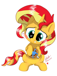 Size: 1920x2562 | Tagged: safe, artist:praisecastiel, sunset shimmer, pony, unicorn, blushing, bow, cookie, cute, female, filly, food, heart, label, ribbon, shimmerbetes, signature, simple background, solo, transparent background, vector, younger