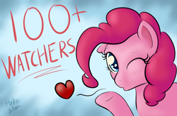 Size: 900x594 | Tagged: safe, artist:pinkiesheen, pinkie pie, earth pony, pony, blowing a kiss, milestone, solo