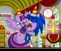 Size: 1042x863 | Tagged: safe, artist:brodogz, derpibooru import, twilight sparkle, twilight sparkle (alicorn), alicorn, pony, background pony strikes again, balloon, birthday, commission, crossover, crossover shipping, female, ironic twist, kissing, male, mare, present, shipping, sonic boom, sonic the hedgehog (series), straight, twisonic