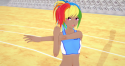 Size: 2048x1080 | Tagged: safe, artist:katsudon, derpibooru import, rainbow dash, human, 3d, belly, belly button, clothes, dark skin, delicious flat chest, female, humanized, koikatsu, kotobukiya, kotobukiya rainbow dash, looking away, ponytail, race track, rainbow flat, smiling, sports bra, stretching, tan lines