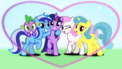 Size: 1024x576 | Tagged: dead source, safe, artist:dashiesparkle, artist:sailortrekkie92, derpibooru import, lemon hearts, minuette, spike, twilight sparkle, twilight sparkle (alicorn), twinkleshine, alicorn, dragon, pony, unicorn, female, group photo, heart, hug, mare, raised hoof, smiling, vector, wallpaper, wink