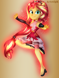 Size: 1536x2048 | Tagged: safe, artist:artmlpk, sunset shimmer, better together, equestria girls, forgotten friendship, action pose, adorable face, beautiful, boots, clothes, cute, dress, grin, hero, looking at you, outfit, ponied up, pose, shimmerbetes, shoes, smiling, smiling at you, solo, super ponied up, superhero, thigh boots, woman